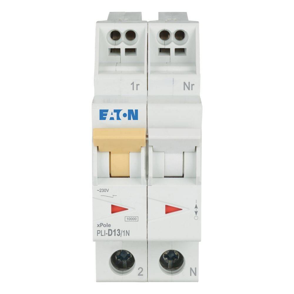 Ein elektrischer Leistungsschalter mit zwei Hebeln, beschriftet mit '1r' und 'Nr', von der Marke Eaton.