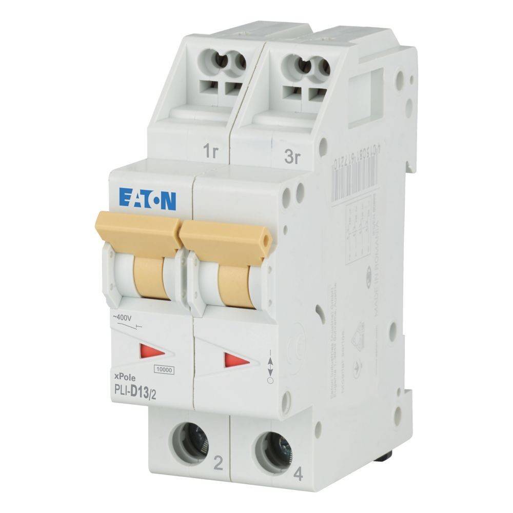 Eaton xPole PLI-D13/2 Leistungsschalter mit Doppelschaltern und beschrifteten Anschlüssen zur elektrischen Stromkreisabsicherung.