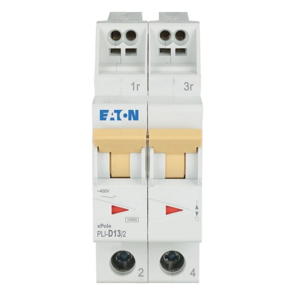 Zweipoliger Leistungsschalter mit Eaton-Kennzeichnung, Modell xPole PLI-D13/2, ausgelegt für eine Stromstärke von 63A bei 400V.