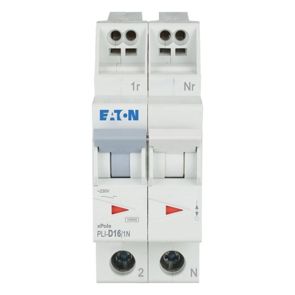 Zweipol-Leistungsschalter mit der Bezeichnung 'Eaton', ausgestattet mit Rückstellschaltern und Anzeigen, der zur Steuerung und zum Schutz elektrischer Stromkreise dient.