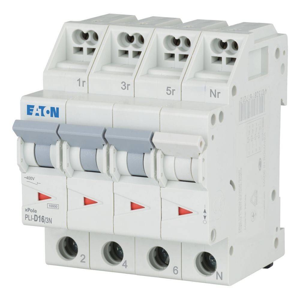 Vierpoliger Eaton-Leistungsschalter mit beschrifteten Schaltern '1r', '3r', '5r', 'Nr'; verwendet für elektrische Sicherheit und Steuerung.