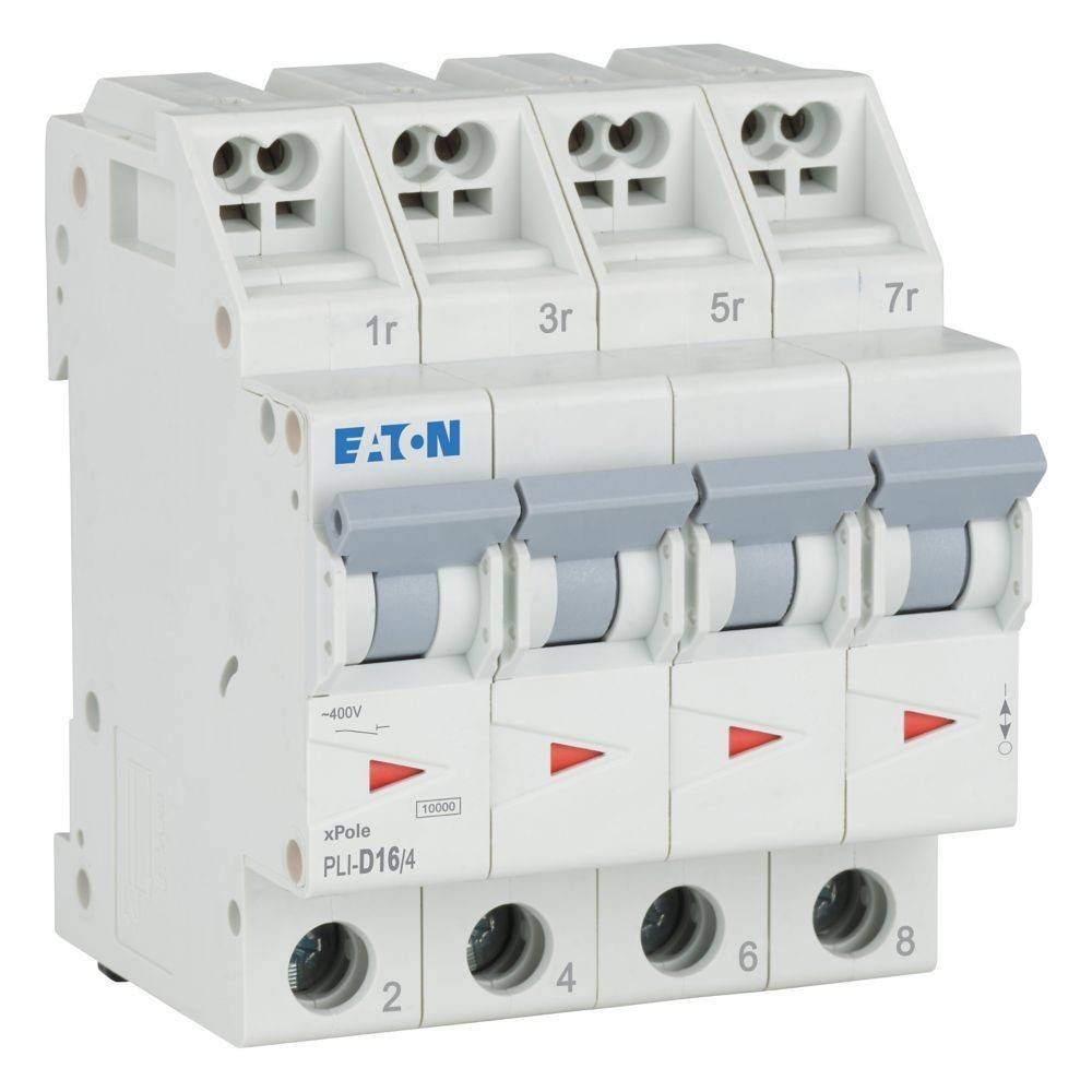 Ein Vier-Pol-Leistungsschalter mit beschrifteten Schaltern und Herstellerlogo an der Seite, konzipiert für elektrische Sicherheit und Steuerung.