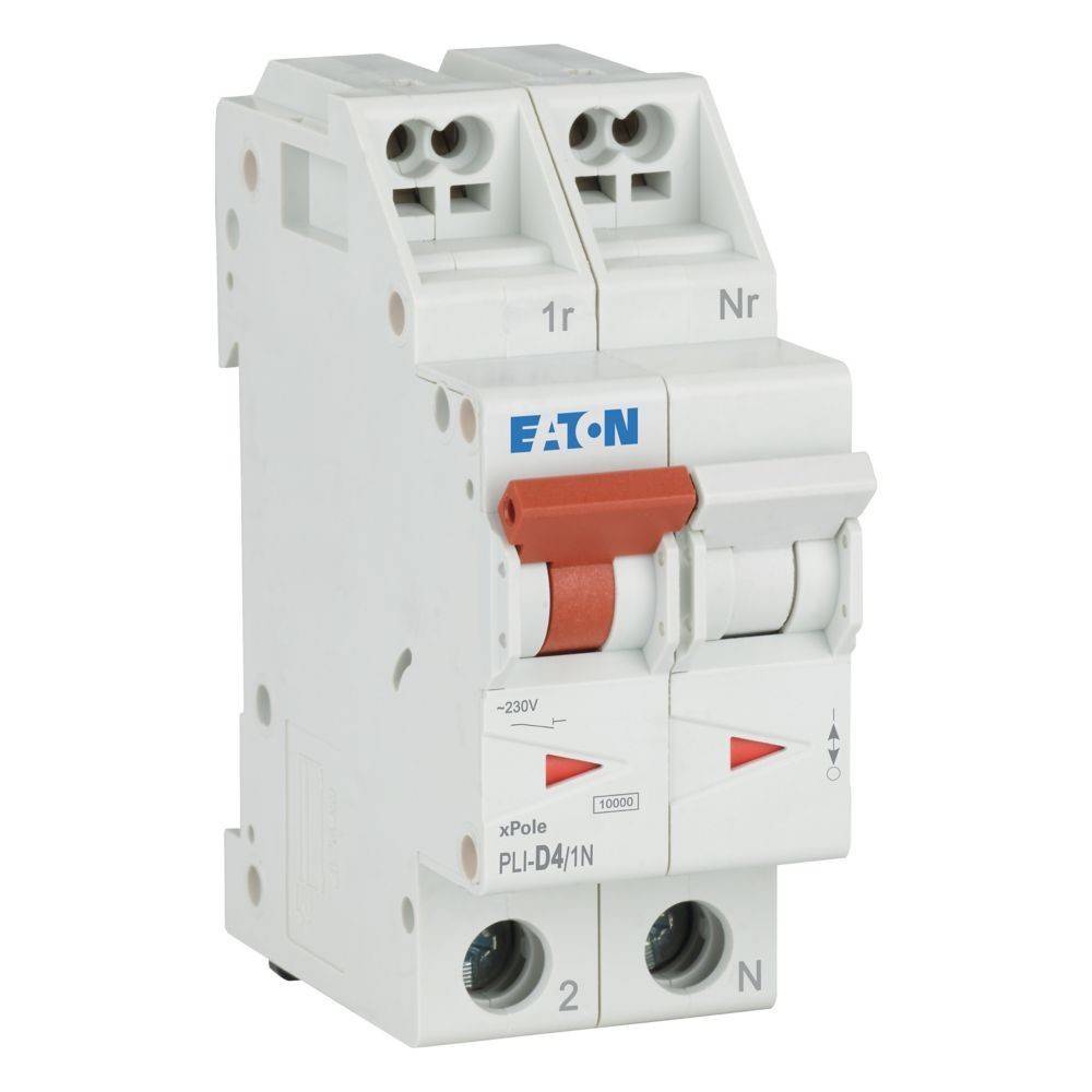 Ein weißer Eaton-Leitungsschalter mit zwei Schaltern, gekennzeichnet mit '1' und 'N', geeignet für elektrische Sicherheit in Wohn- und Gewerbegebäuden.