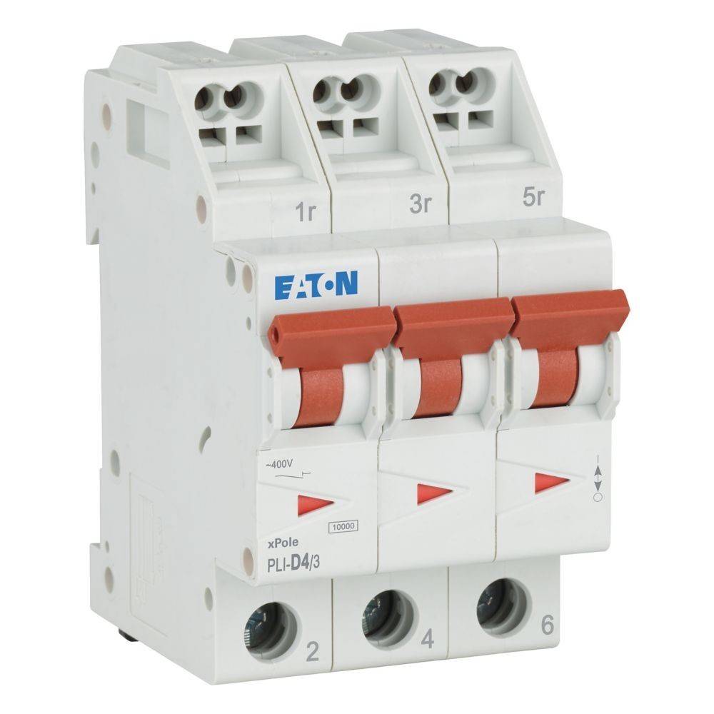 Dreipol-Leistungsschalter mit roten Schaltern, beschriftet mit ‚Eaton xPole PL4-D/3'. Verwendet zur Absicherung elektrischer Stromkreise.