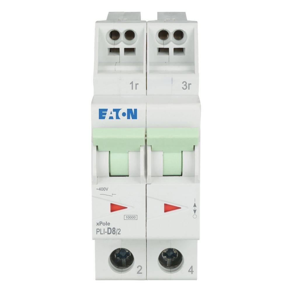 Ein Zweipol-Leitungsschutzschalter der Marke 'Eaton', Modell 'xPole PLI-D8/2', ausgelegt für bis zu 400V und 10000 Ampere, mit zwei grünen Schaltern.