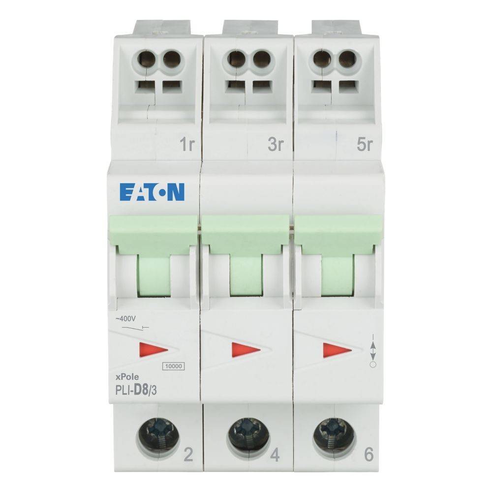 Dreipol-Leistungsschalter mit der Bezeichnung 'Eaton xPole PLI-D83' und Spannungsnennwert '+400V', der Anschlusspunkte und Schalter zeigt.
