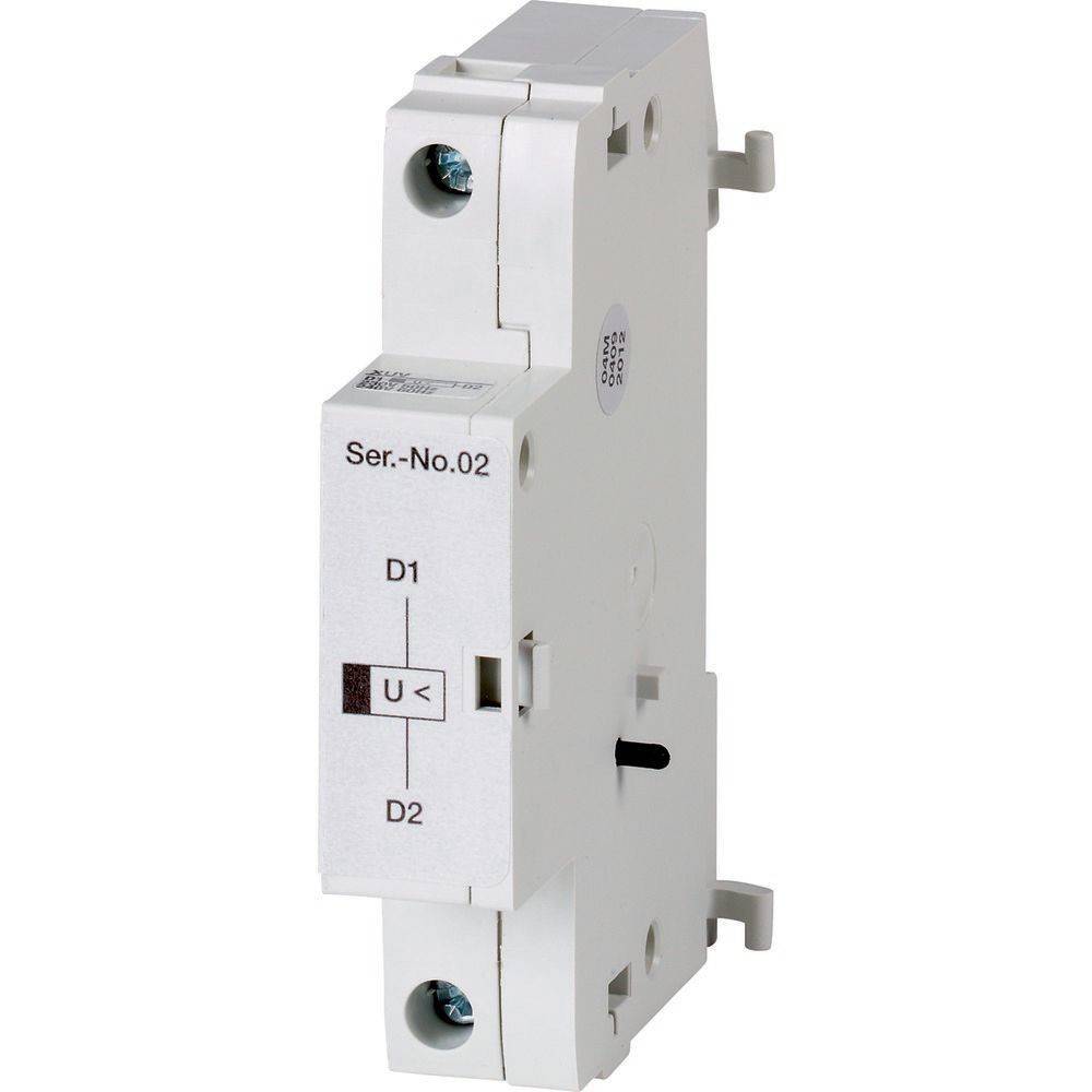 Eine weiße elektrische Komponente mit sichtbaren Schrauben und der Beschriftung 'Ser.-No.02', mit den Etiketten 'D1', 'U 