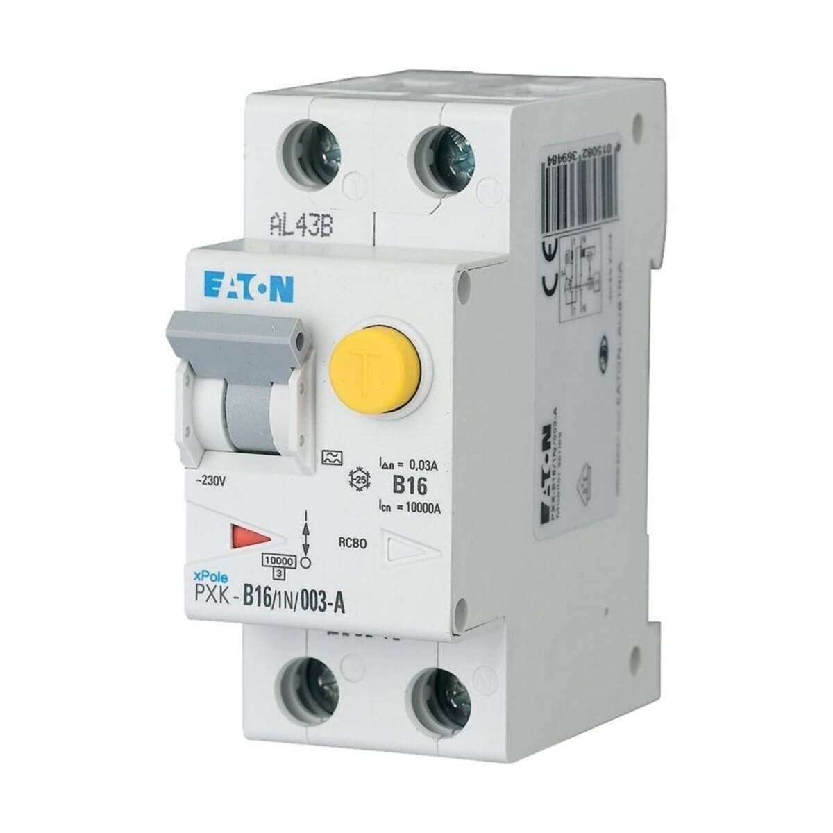 Eaton RCBO-Leitungsschutzschalter mit gelbem Testknopf und B16-Bewertung, auf weißem Hintergrund dargestellt.