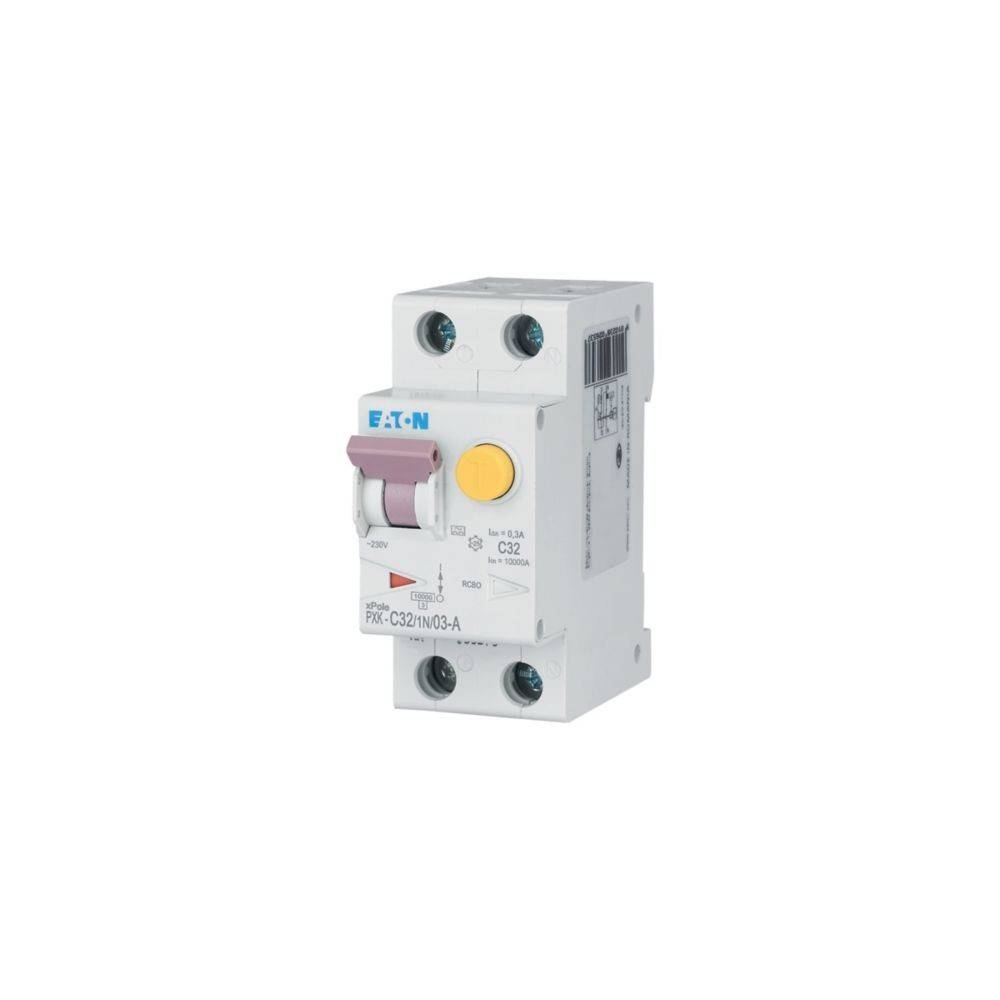 Ein weißer elektrischer Sicherungsautomat mit einem roten Schalter und blauer Beschriftung, konzipiert für Überstromschutz. Markenname sichtbar.
