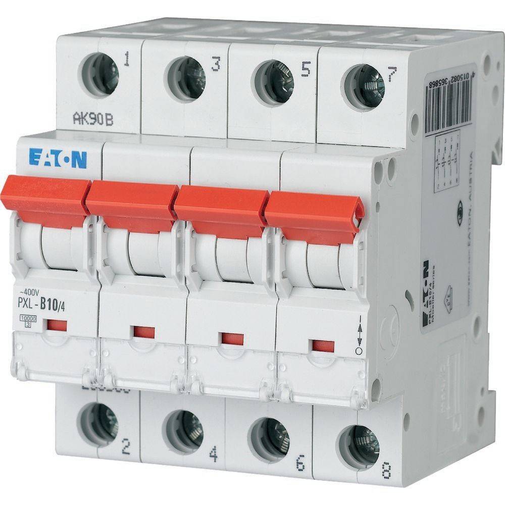 Ein weißer Vier-Pol-Leistungsschalter mit roten Schaltern, beschriftet mit 'Eaton' und '400V PXL-B10/4', der zur elektrischen Stromkreisabsicherung verwendet wird.