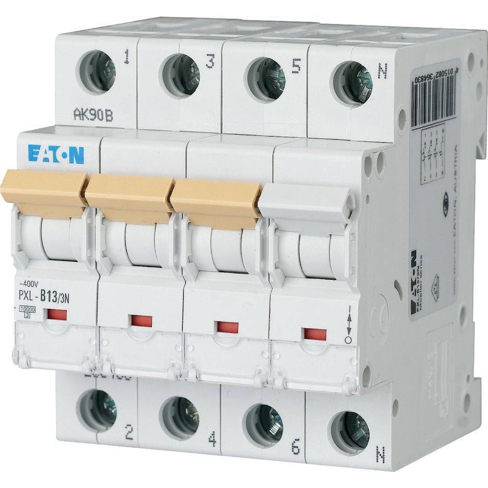 Weißer Eaton AK90B Leistungsschalter mit vier Schalthebeln und der Beschriftung PXL-B13/3N.