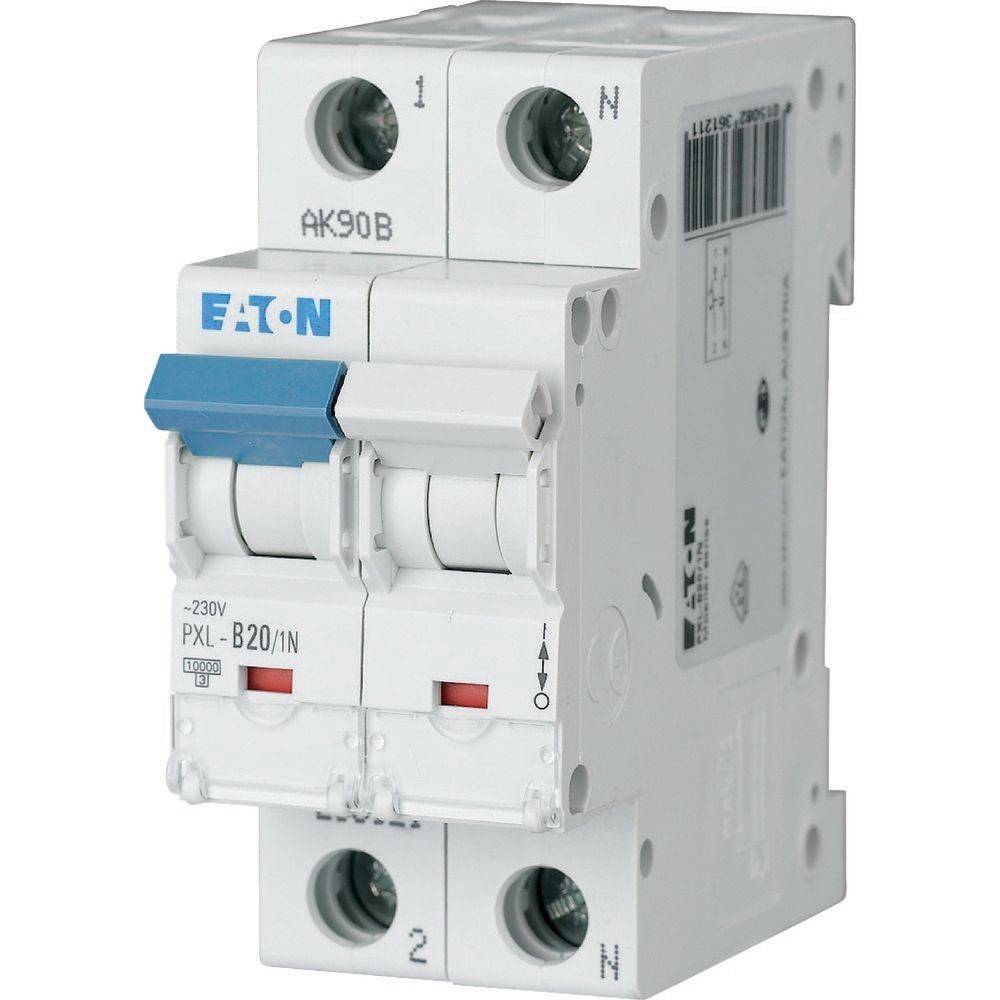 Eaton-Leitungsschutzschalter, Modell PXL-B20/1N, mit zwei Schaltern und Anschlussklemmen. Konzipiert für den elektrischen Leitungsschutz.