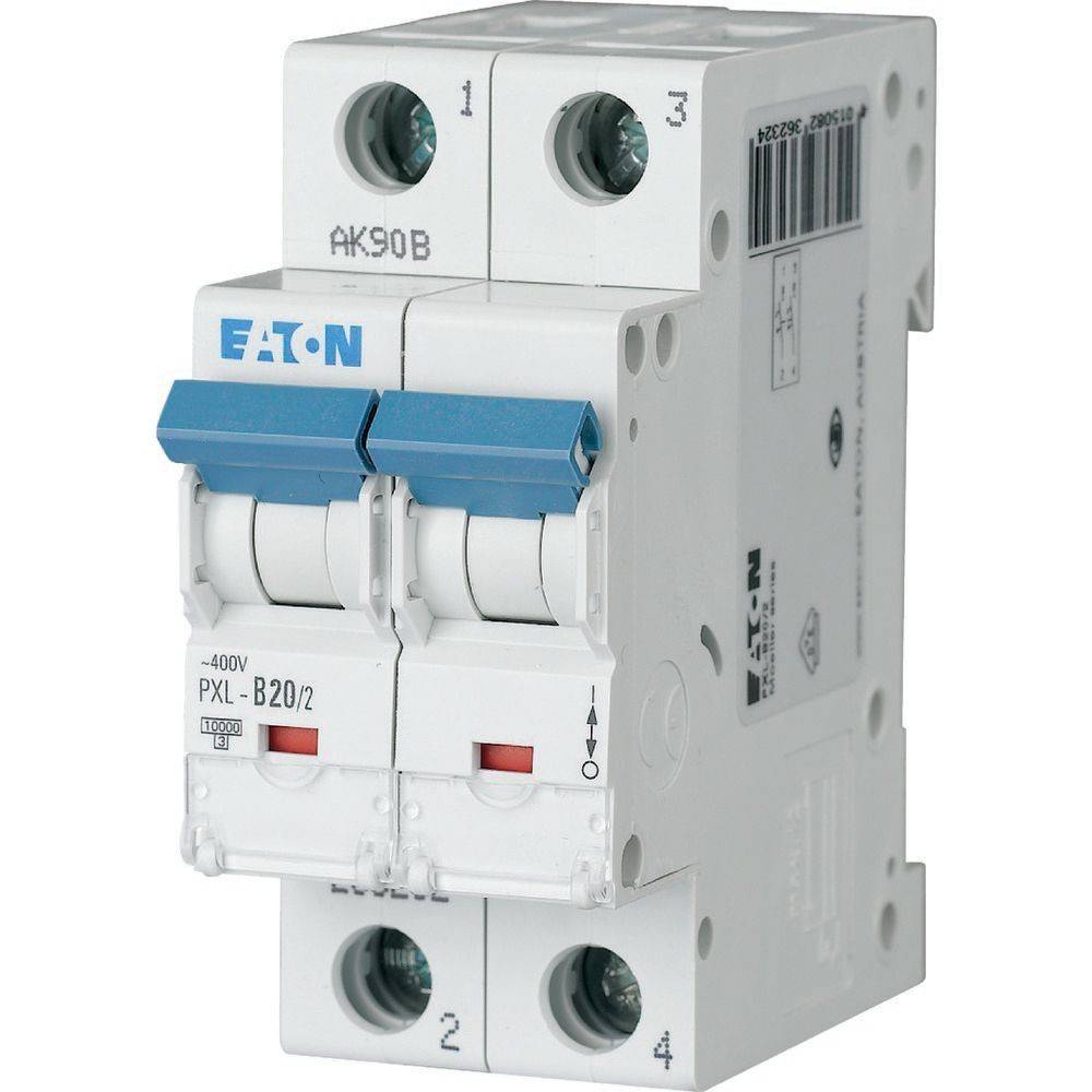 Ein Doppelpol-Schalter mit der Bezeichnung 'EATON PXL-B20/2', der zwei Schalter mit blauen Arretierungen für elektrische Sicherheit und Steuerung aufweist.