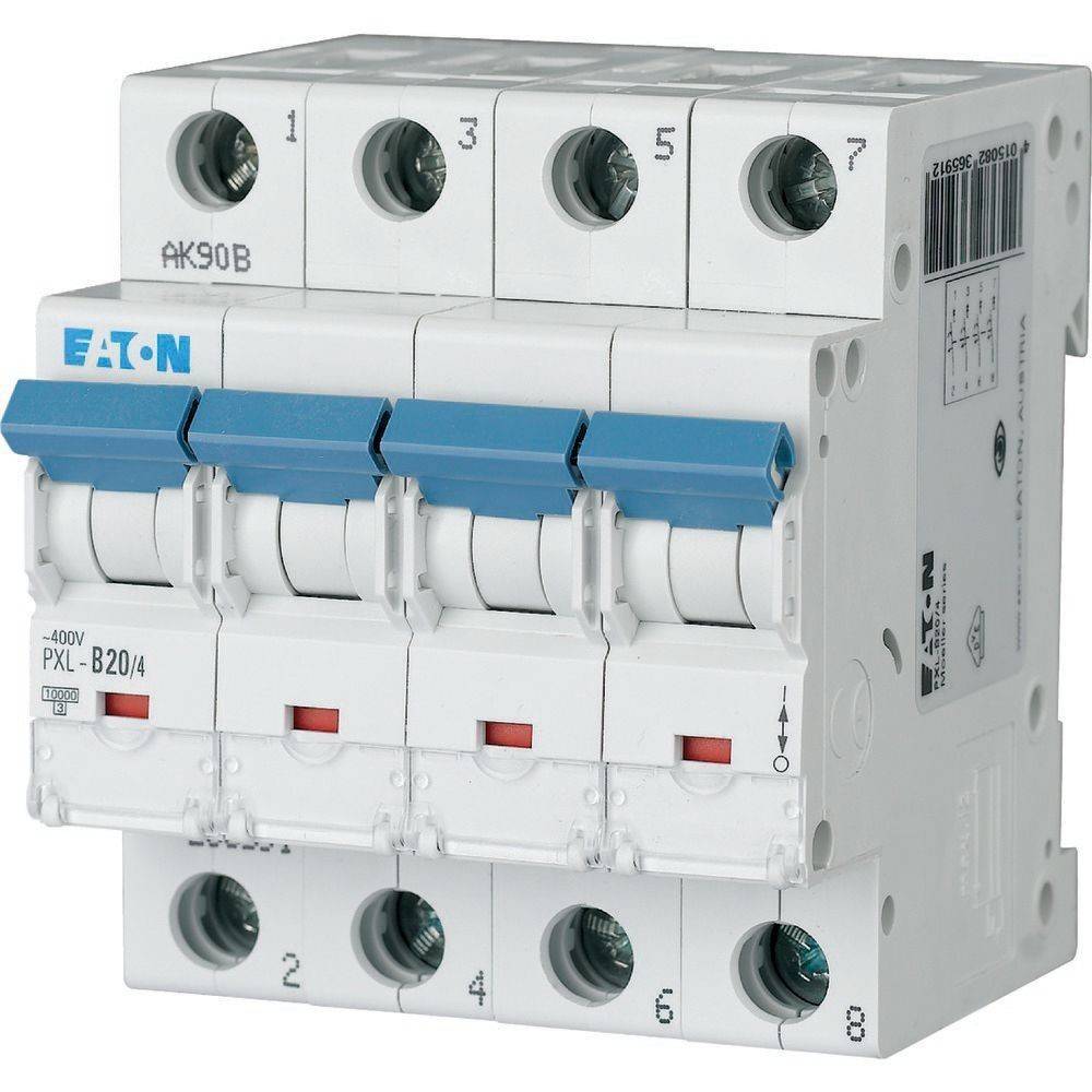 Ein weißer Vier-Pol-Leistungsschalter mit blauen Schaltern, gekennzeichnet als 'Eaton', ausgelegt für 20 Ampere bei 400 Volt, zur Steuerung elektrischer Stromkreise.