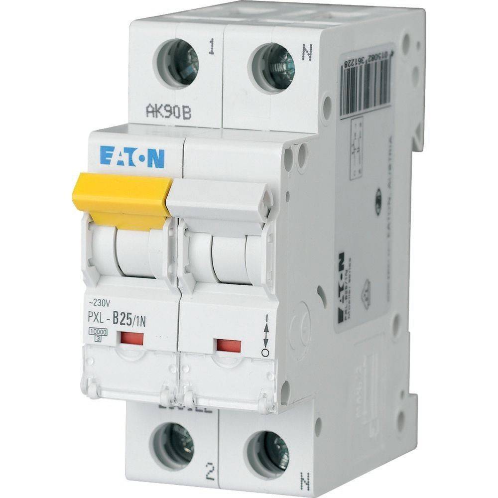 Ein Doppelpol-EATON-Leistungsschalter mit der Bezeichnung 'PX1-B25/1N', der für elektrische Sicherheit konzipiert ist und seine vorderen Schalter und Anschlussklemmen zeigt.