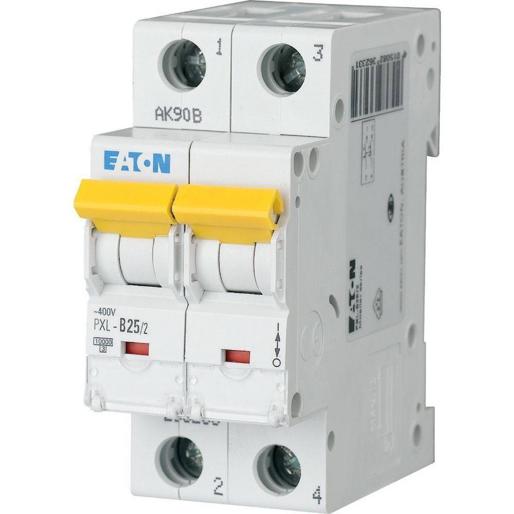 Ein Zweipol-Leistungsschalter von Eaton mit gelben Umschaltern, ausgelegt mit 25A. Er ist für den elektrischen Leitungsschutz konzipiert.