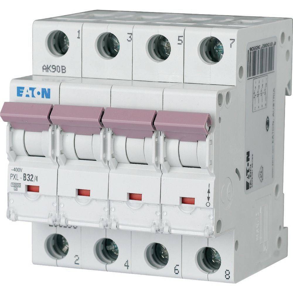 Vierpoliger Leistungsschalter mit EATON-Markenzeichen und Spezifikationen einschließlich PXL B32/4, 400V, konzipiert für elektrischen Schutz.