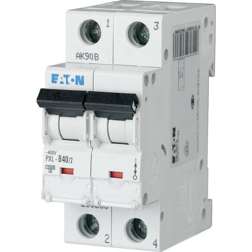 Zweipol-Leistungsschalter, Eaton Marke, Modell PXL-B40/2, konstruiert für elektrische Sicherheit und Schutz, weiße Gehäuse.