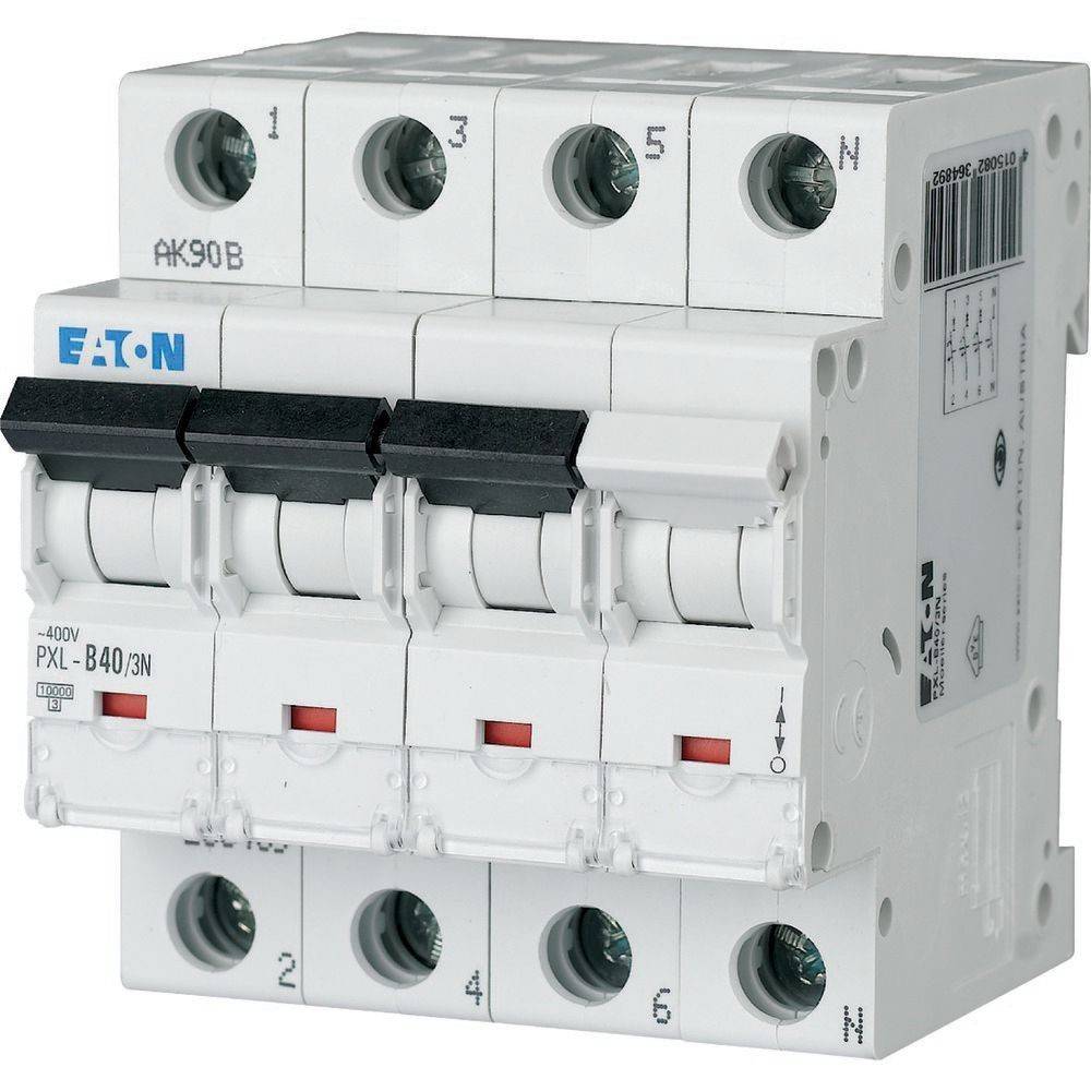 Ein weißer Eaton-Leistungsschalter mit schwarzen Schaltern und roten Anzeigelampen, beschriftet mit 'PXL-B40/3N', verwendet für elektrische Sicherheit zur Verhinderung von Überlastung.