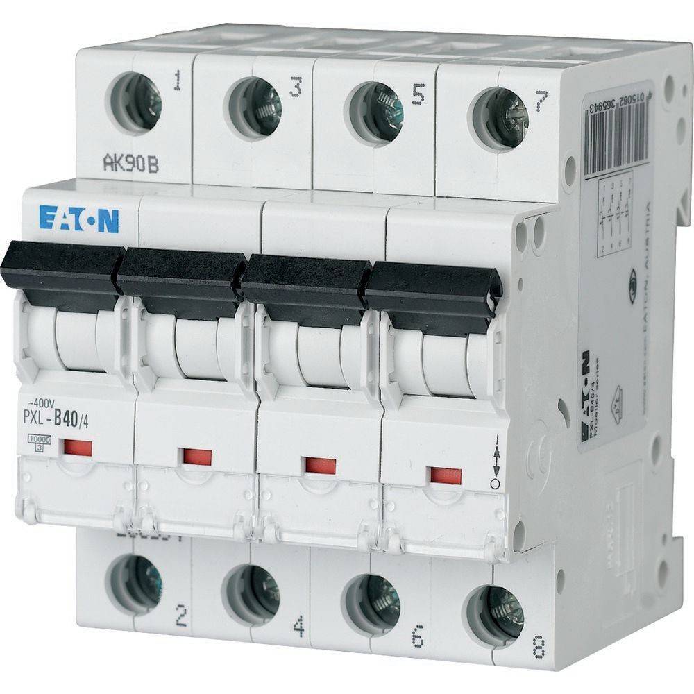 Ein vierpoliger Leistungsschalter von Eaton, Modell PXL, ausgelegt für 400V und 40A. Er verfügt über vier Schalter mit schwarzen Hebeln.