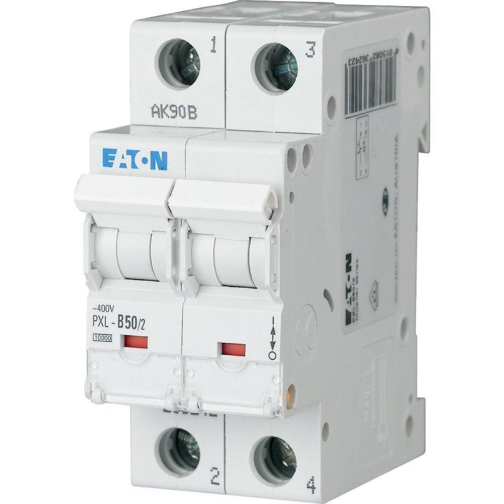Dieses Bild zeigt einen weißen Eaton-Leistungsschalter mit zwei Schaltern, die mit AK90B und PXL-B50/2 beschriftet sind und für 400V ausgelegt sind. Er verfügt über ein kompaktes Design.