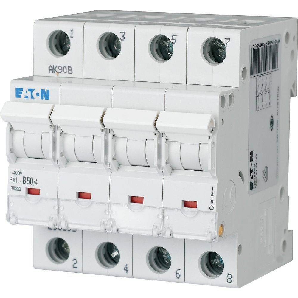 Eaton-Marken-Vierpoliger Leistungsschalter mit Beschriftungen für 400V, PXL und B50/4, verwendet für elektrische Sicherheit und Stromschutz.