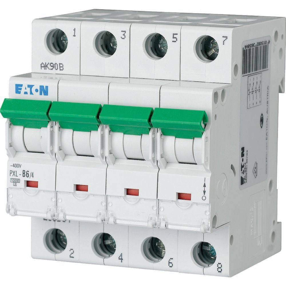 Ein vierpoliger Leistungsschalter mit grünen Schaltern, bezeichnet als PXL-B6/4, hergestellt von Eaton, konzipiert für elektrische Sicherheit und Steuerung.