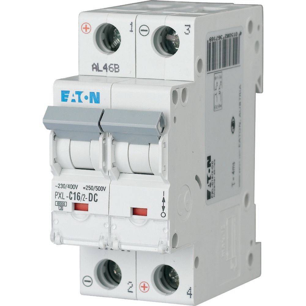 Ein Zweipol-Leistungsschalter von Eaton zeigt das Modell 'PXL-C16/2-DC', das für eine Spannung von bis zu 500V ausgelegt ist und zum Schutz elektrischer Stromkreise dient.
