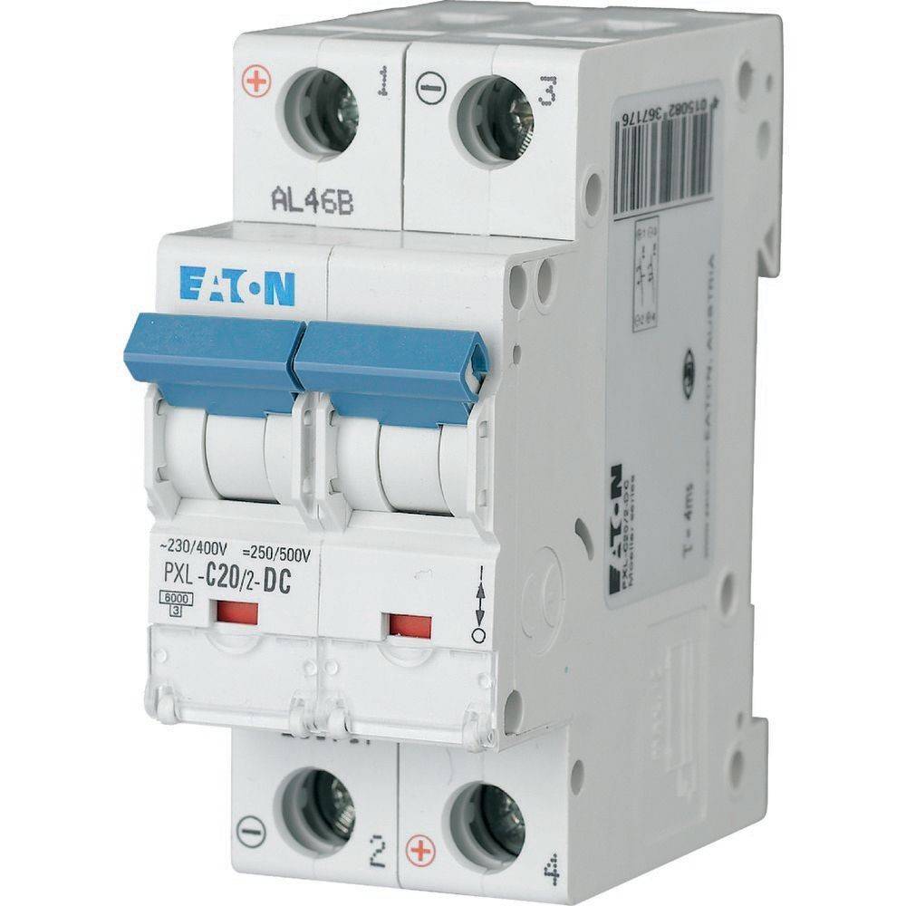 Ein Zweipol-Leitungsschutzschalter mit der Bezeichnung 'Eaton PXL-C20/2-DC'. Der Schalter verfügt über Kippschalter und ist für die elektrische Lastenverwaltung konzipiert.