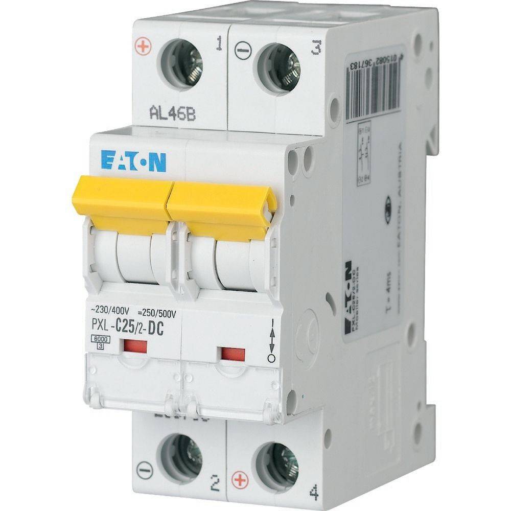 Eaton-Leistungsschalter, Modell PXL-C25/2-DC, mit zwei Polen und gelben Schaltern, ausgelegt für 230/400V und 250/500V.