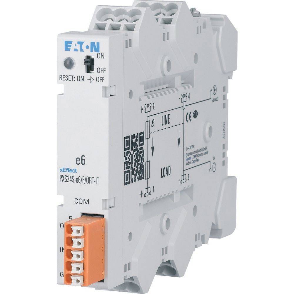 Elektrisches Gerät mit 'Eaton'-Etikett, ausgestattet mit Ein-/Aus-Schaltern für Rückstellung und Betrieb. Anschlüsse und Ports an der Seite sichtbar.