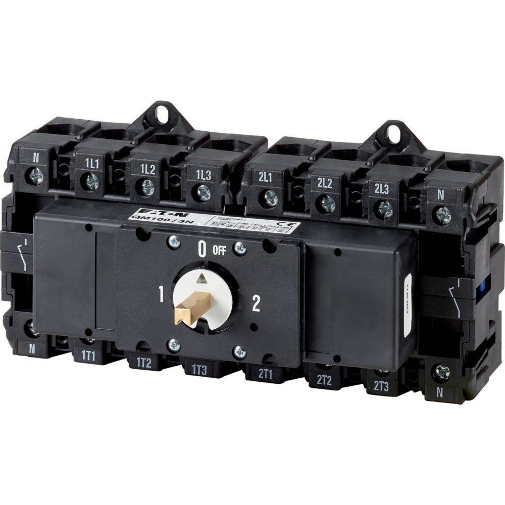 Ein schwarzer Elektroschalter mit einem zentralen Drehregler, der mit '0', '1', '2' markiert ist. Beschriftete Klemmen umfassen '1L1', '1L2', '1L3', 'N', '2T1', '2T2', '2T3'.