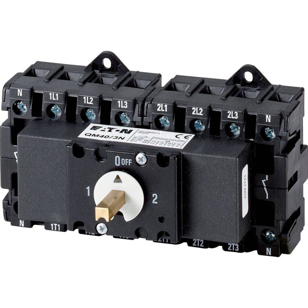 Ein schwarzer elektrischer Drehschalter mit drei Positionen, beschriftet mit '0', '1' und '2', der zum Umschalten von Stromkreisen verwendet wird und mehrere Anschlusspunkte aufweist.