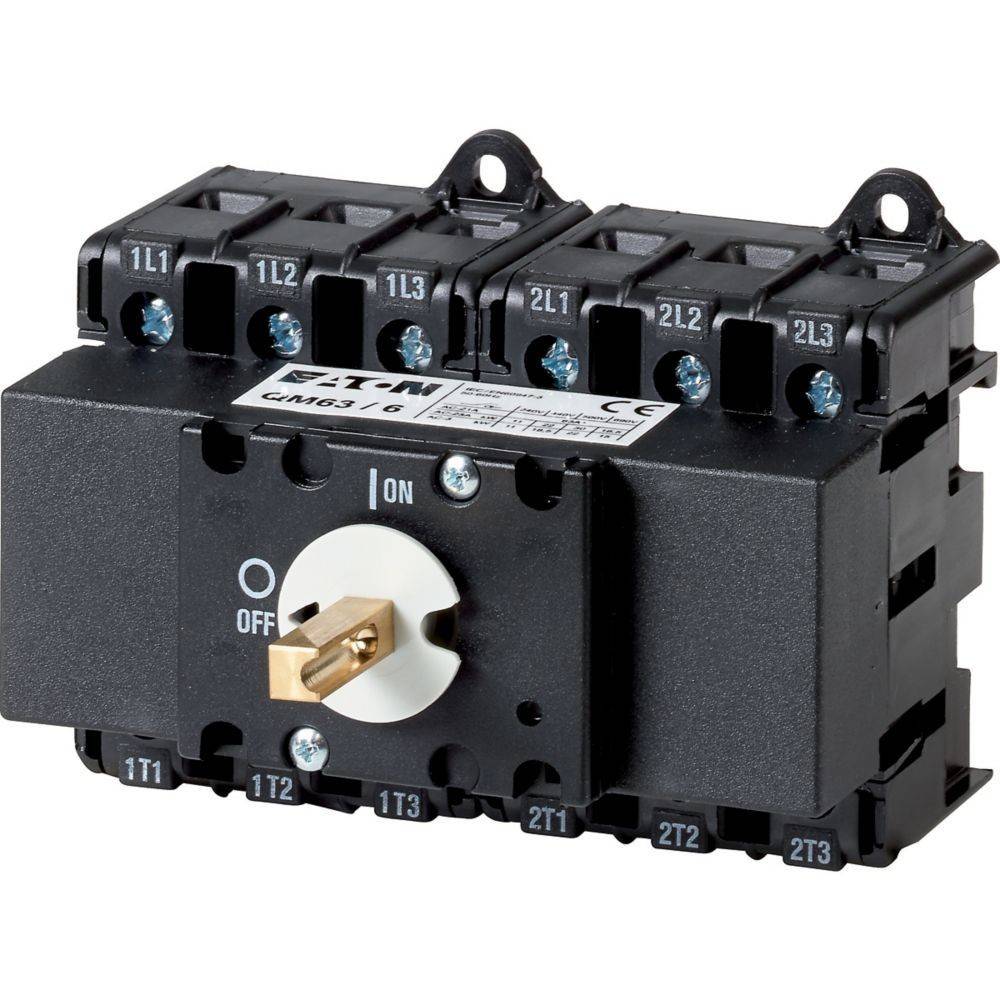 Drehschalter mit Beschriftungen '1L1', '2L2', '3L3', '1T1', '2T2', '3T3', mit Optionen 'AUS' und 'EIN', zur elektrischen Steuerung verwendet.