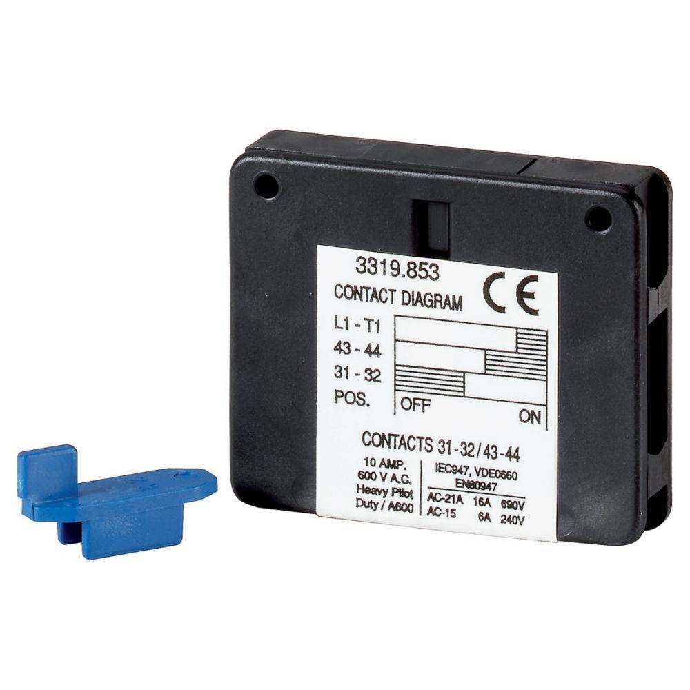 Ein schwarzer und weißer elektrischer Schütz mit einem Kontaktdiagramm auf seinem Etikett, das technische Spezifikationen und Zertifizierungsmarkierungen zeigt.