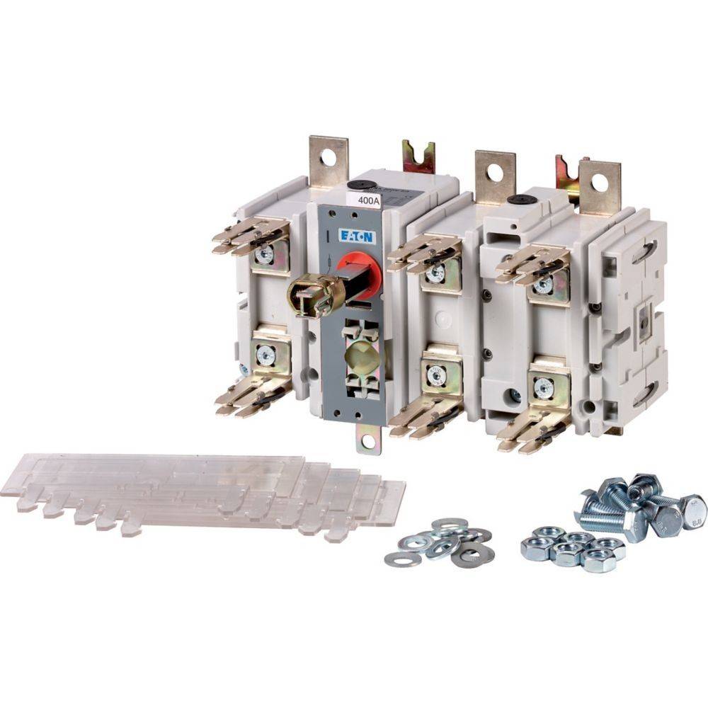 Ein elektrischer Schütz von Eaton mit einer Nennstromstärke von 400 A, dargestellt mit zusätzlichen Komponenten wie Kunststofftrennelementen, Schrauben und Unterlegscheiben.