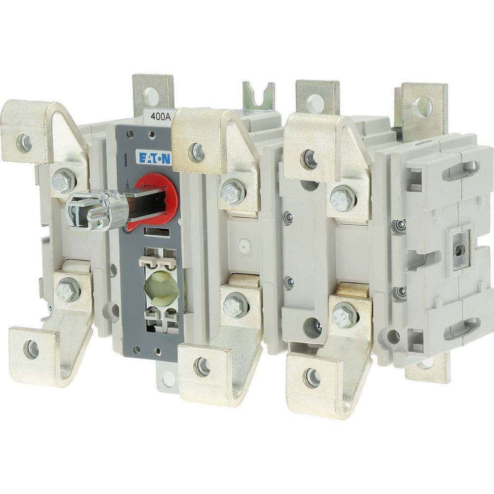 Industrieller Leistungsschalter mit rotem Griff. Mit einer Nennstromstärke von 400A, in Neutralstellung dargestellt. Eaton-Markierung auf der Vorderseite sichtbar.