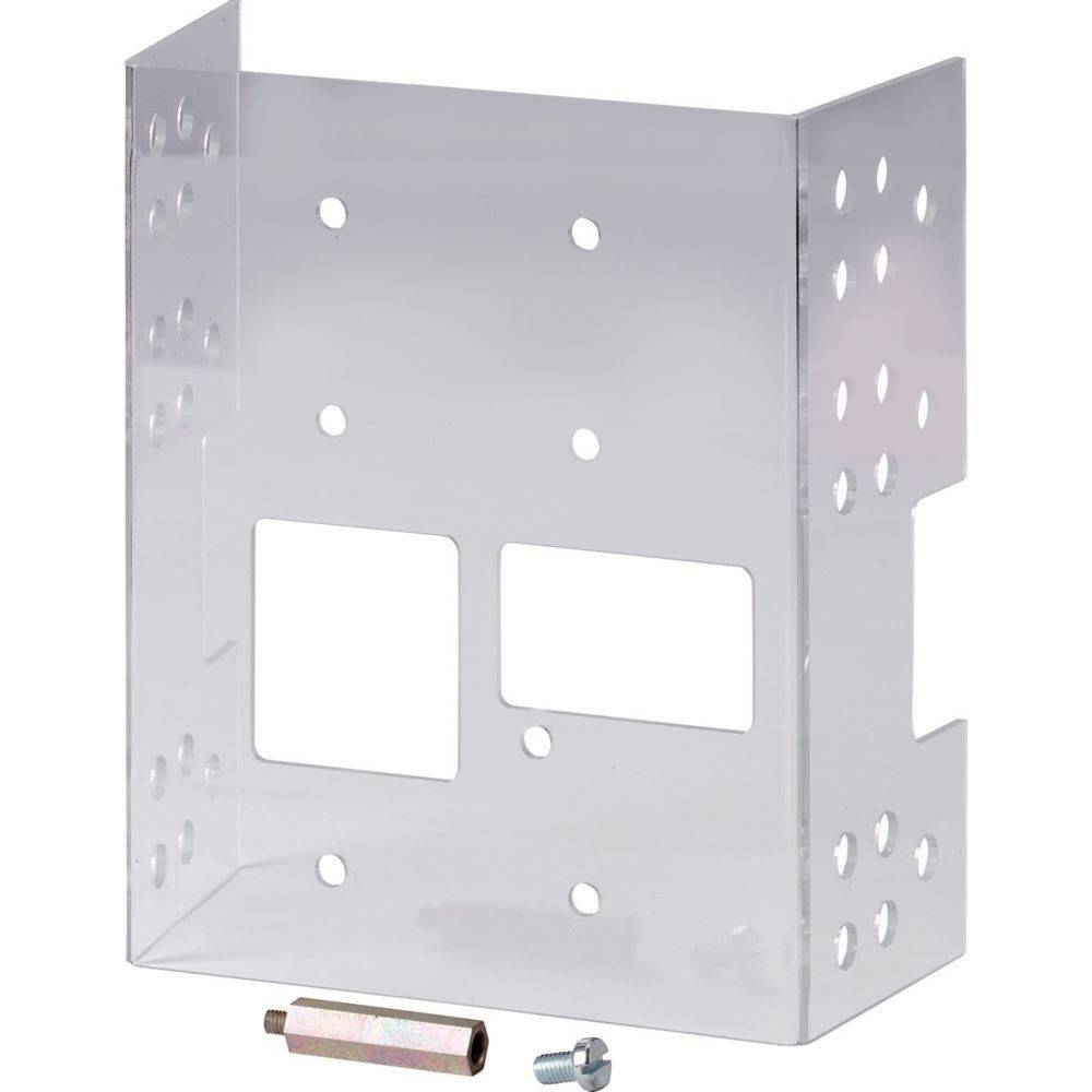 Wandhalterung aus Metall mit vorgestanzten Löchern, inklusive Schrauben und Abstandshalter. Entwickelt zur Unterstützung von Geräten auf ebenen Oberflächen.