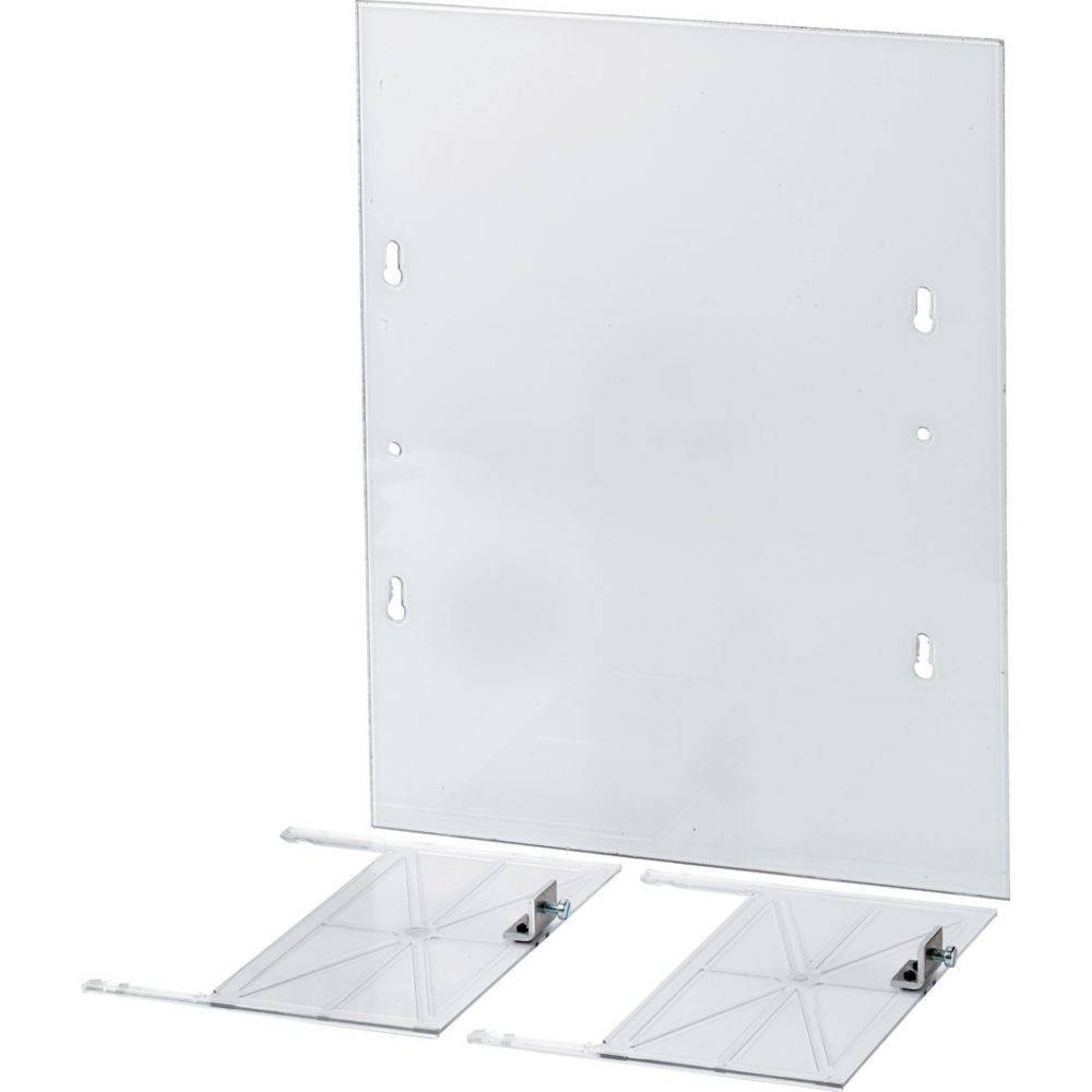 Eine transparente Acryl-Vitrine mit Wandmontageöffnungen, die zusammen mit zwei scharnierartigen Halterungen dargestellt wird, die wahrscheinlich zur Installationsunterstützung dienen.