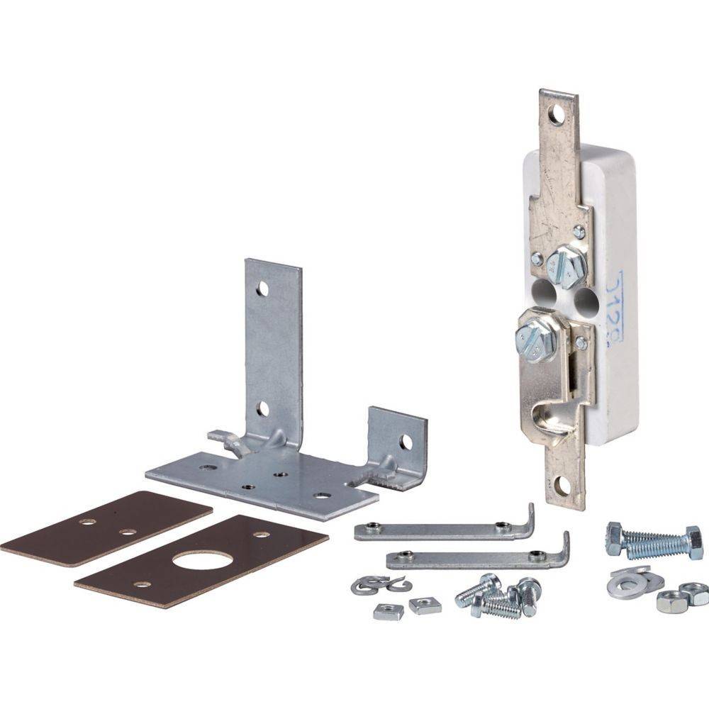 Ein Schiebetürschloss-Set mit einem Metallschloss, zwei Halterungen, Schrauben und Platten, entwickelt für eine sichere Türmontage.