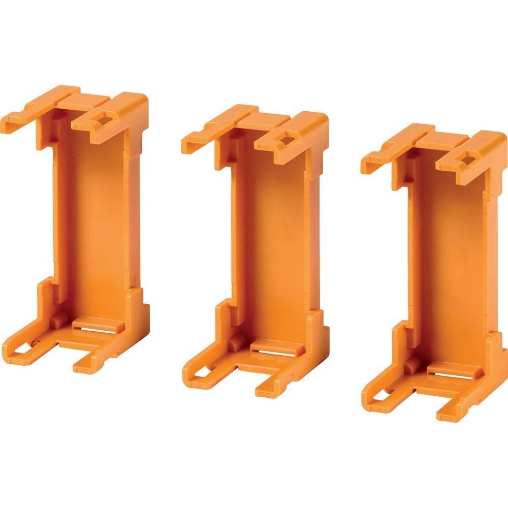 Drei orangefarbene Wago-DIN-Schienenklemmen, vertikal angeordnet, die entwickelt wurden, um elektrische Komponenten in einem DIN-Schienensystem sicher zu befestigen.