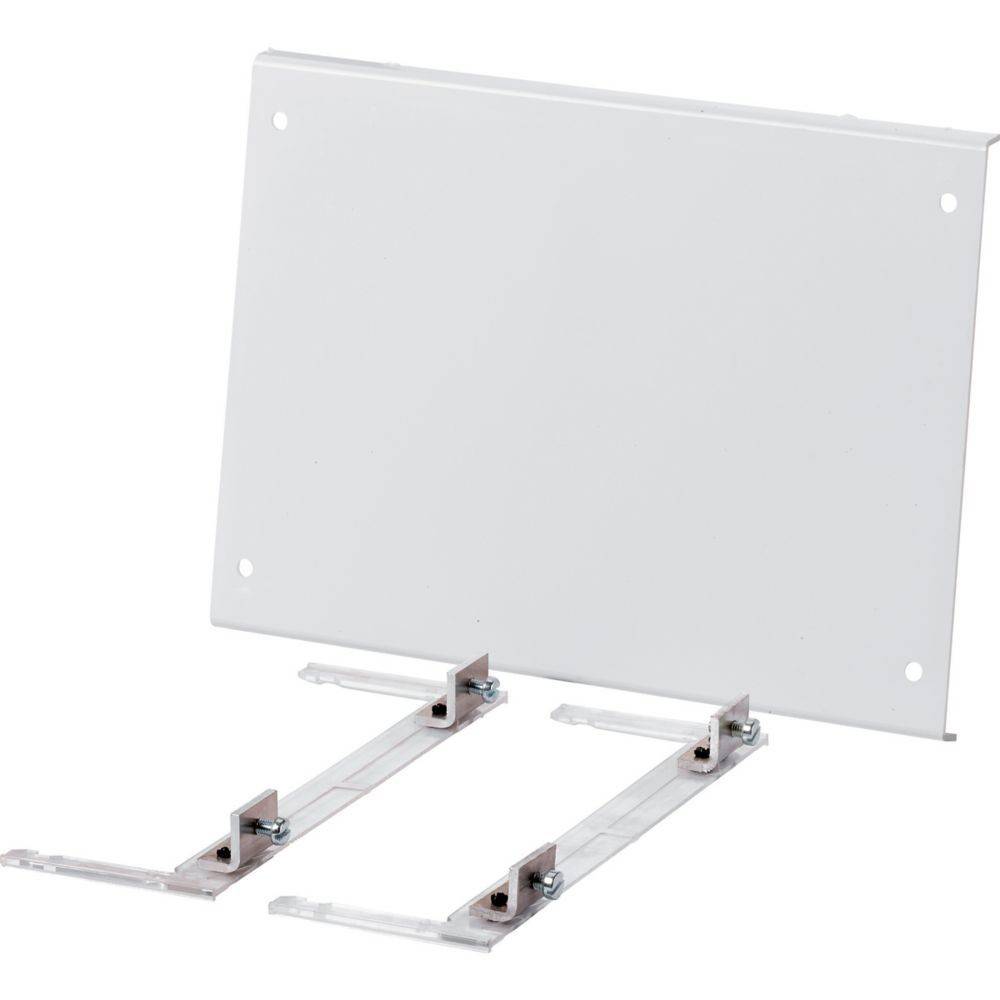 Wandmontagehalterung mit Metallstützen und Schrauben, vorgesehen zum Befestigen eines großen, flachen Panels oder Rahmens an einer Wandoberfläche.