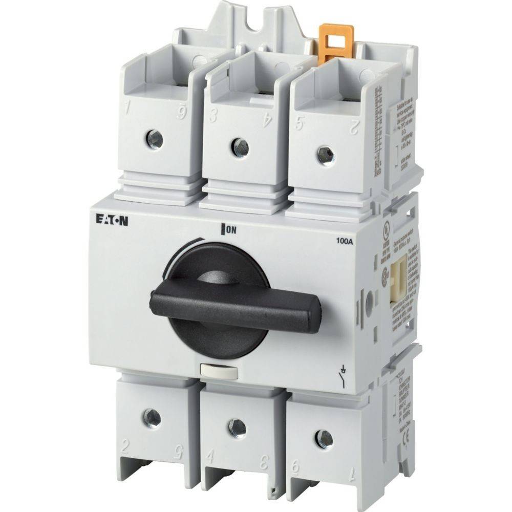 Eine Nahaufnahme eines Eaton 100A-Schalters; zeigt einen schwarzen Hebel in der Mitte, der auf 'EIN' gestellt ist, entwickelt für industrielle Stromkreissteuerung.