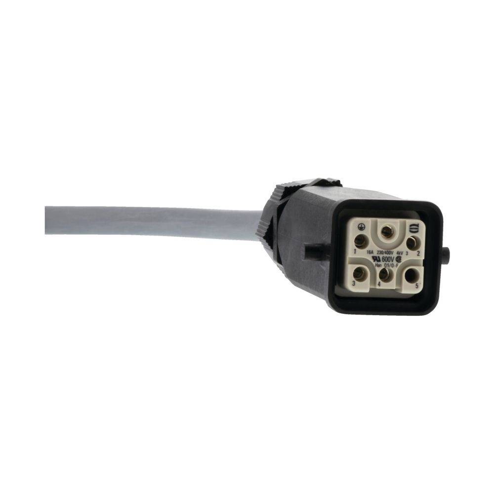 Eine Nahaufnahme eines grauen elektrischen Anschlusses mit einem rechteckigen schwarzen Gehäuse und drei weißen Buchsen. Das zugehörige Kabel ragt von links heraus.