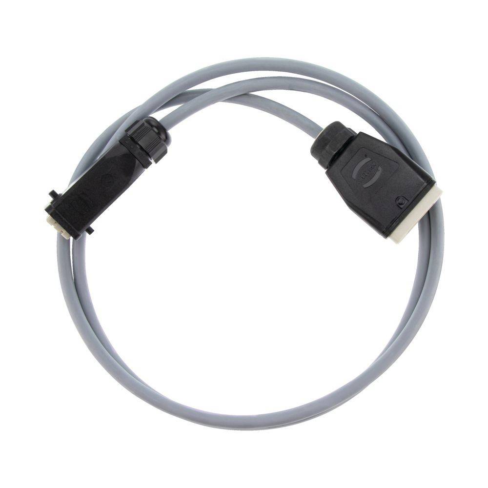 Ein gewickeltes graues SCSI-Kabel mit Anschlüssen an beiden Enden, verwendet zum Anschluss von Computerspeichergeräten.