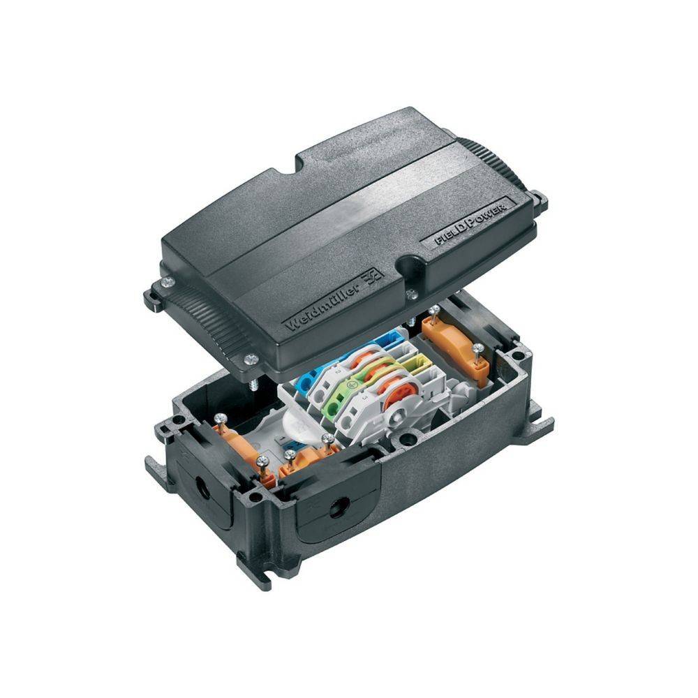 Weidmüller' Elektroverteilerdose mit geöffnetem Deckel, die farbcodierte Kabelanschlüsse und Komponenten im Inneren zeigt.