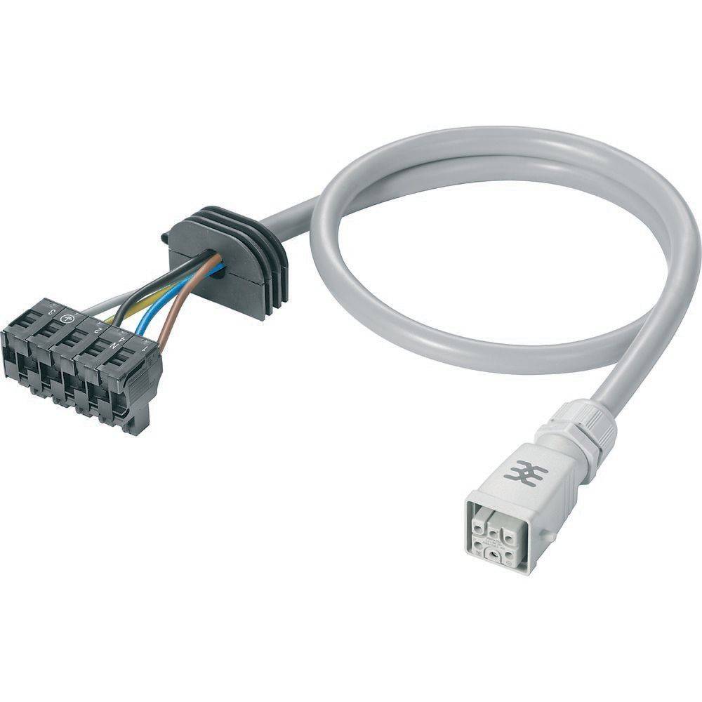 Ein graues Kabel mit mehreren farbigen Leitern an einem Ende, das mit einem schwarzen Anschlussblock und einem weißen Stecker am anderen Ende verbunden ist.