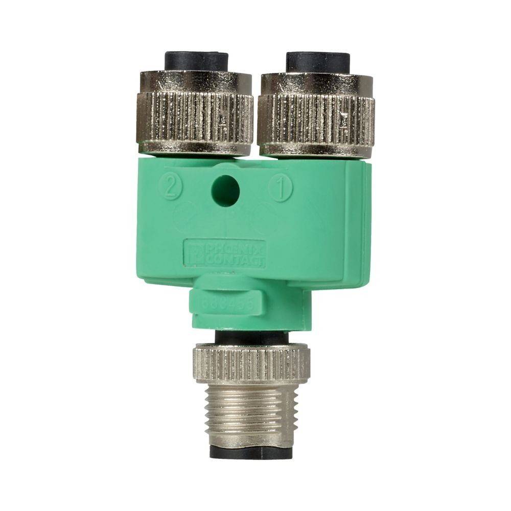 Grüner pneumatischer Anschluss mit zwei Metallanschlüssen, die auf der Oberseite mit '1' und '2' beschriftet sind. Eine Gewindebasis ermöglicht die Befestigung an einem System.