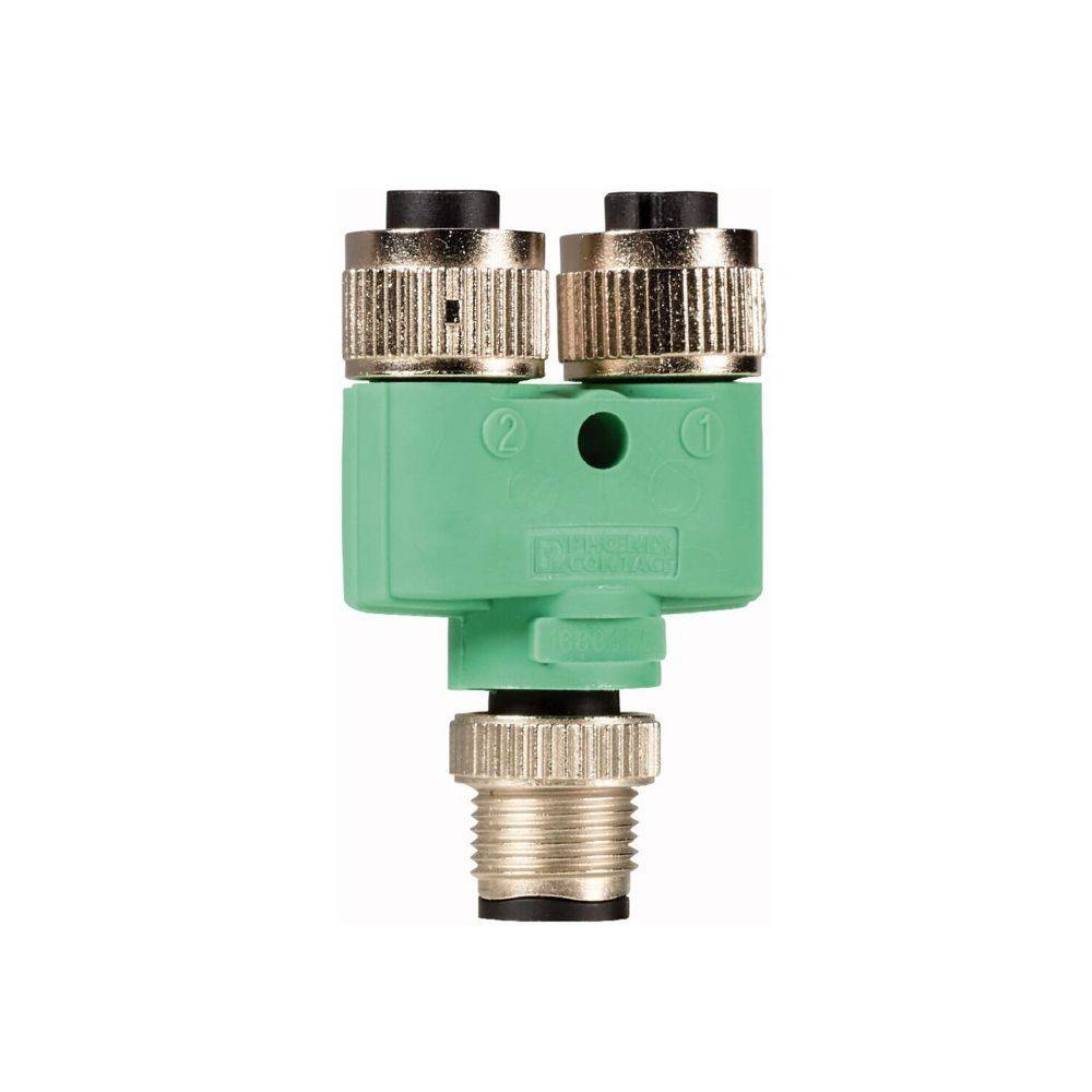 Ein kleiner grüner Kunststoffverbinder mit Metallanschlussschrauben, die mit '1' und '2' beschriftet sind und für Doppelschlauch-Verbindungen oder Systemintegration verwendet wird.