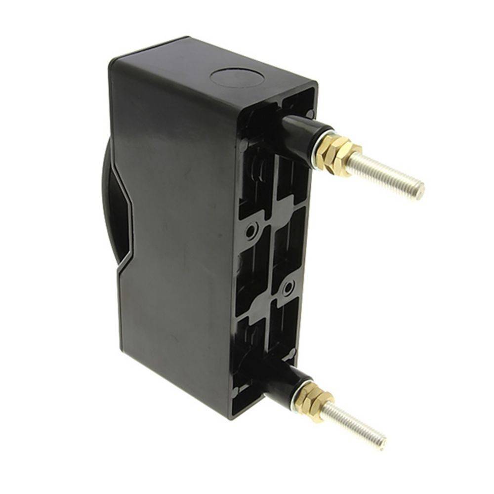 Schwarze elektrische Komponente mit zwei hervorstehenden Metallklemmen und einem rechteckigen Gehäuse, typischerweise in industriellen Anwendungen verwendet.